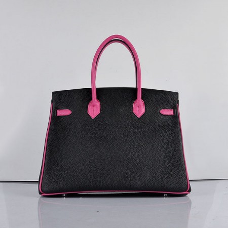 Hermes 6089 Birkin 35CM Tote Bags Black and Pink Leather Silver